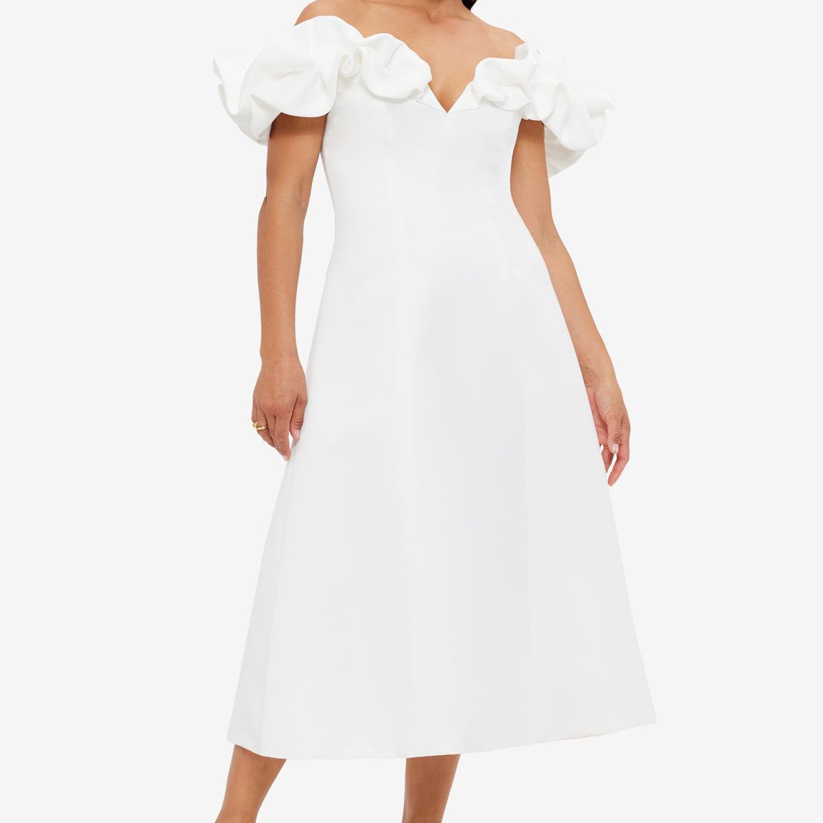 off the shoulder frill midi dress Annie it moves effortlessly with Dress length type:Tea length (<30