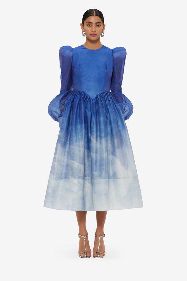 Exclusive LEO LIN Jordana Structured Shoulder Midi Dress - Aerial Print