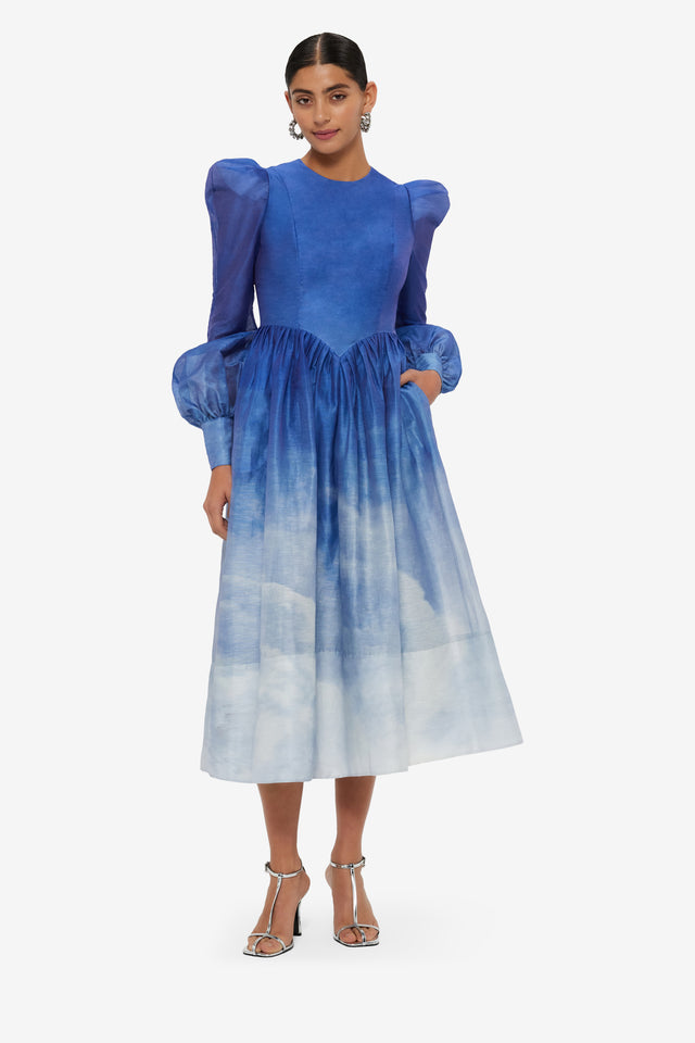 Exclusive LEO LIN Jordana Structured Shoulder Midi Dress - Aerial Print