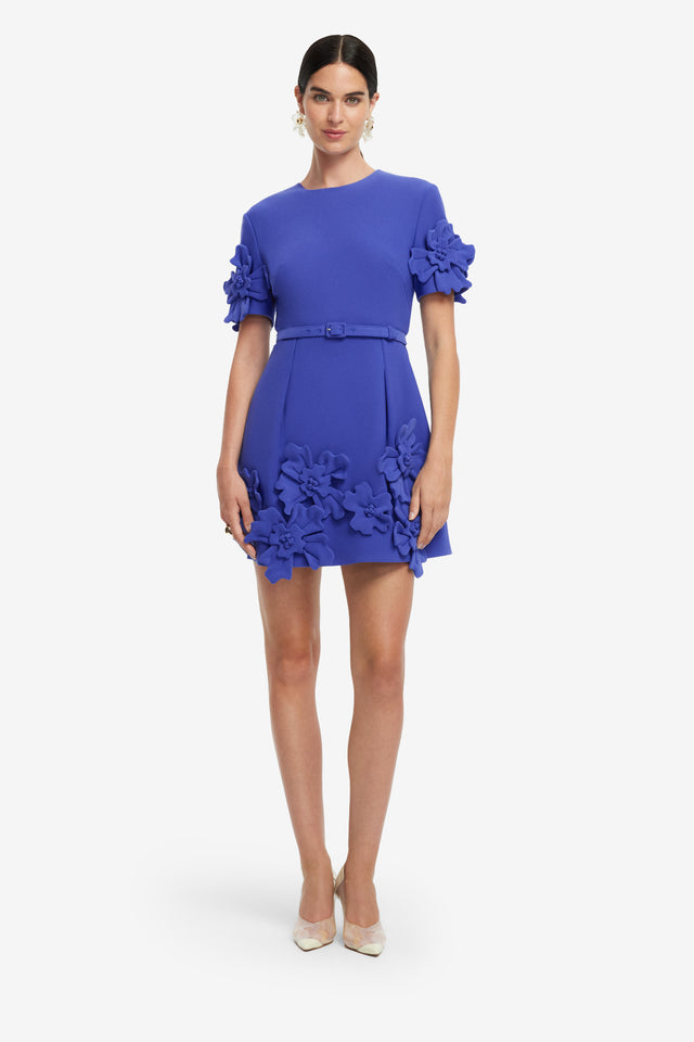 Exclusive LEO LIN Aurelie Floral Applique Short Sleeve Mini Dress - Lapis
