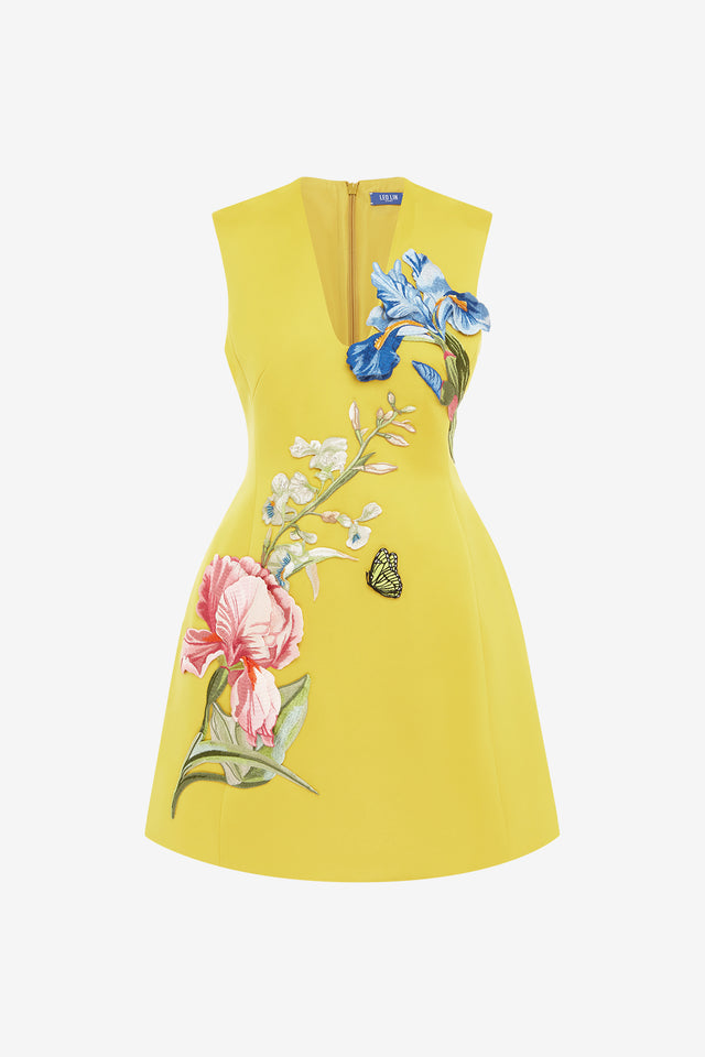 Exclusive LEO LIN Bree V Neck Embroidery Mini Dress - Mustard