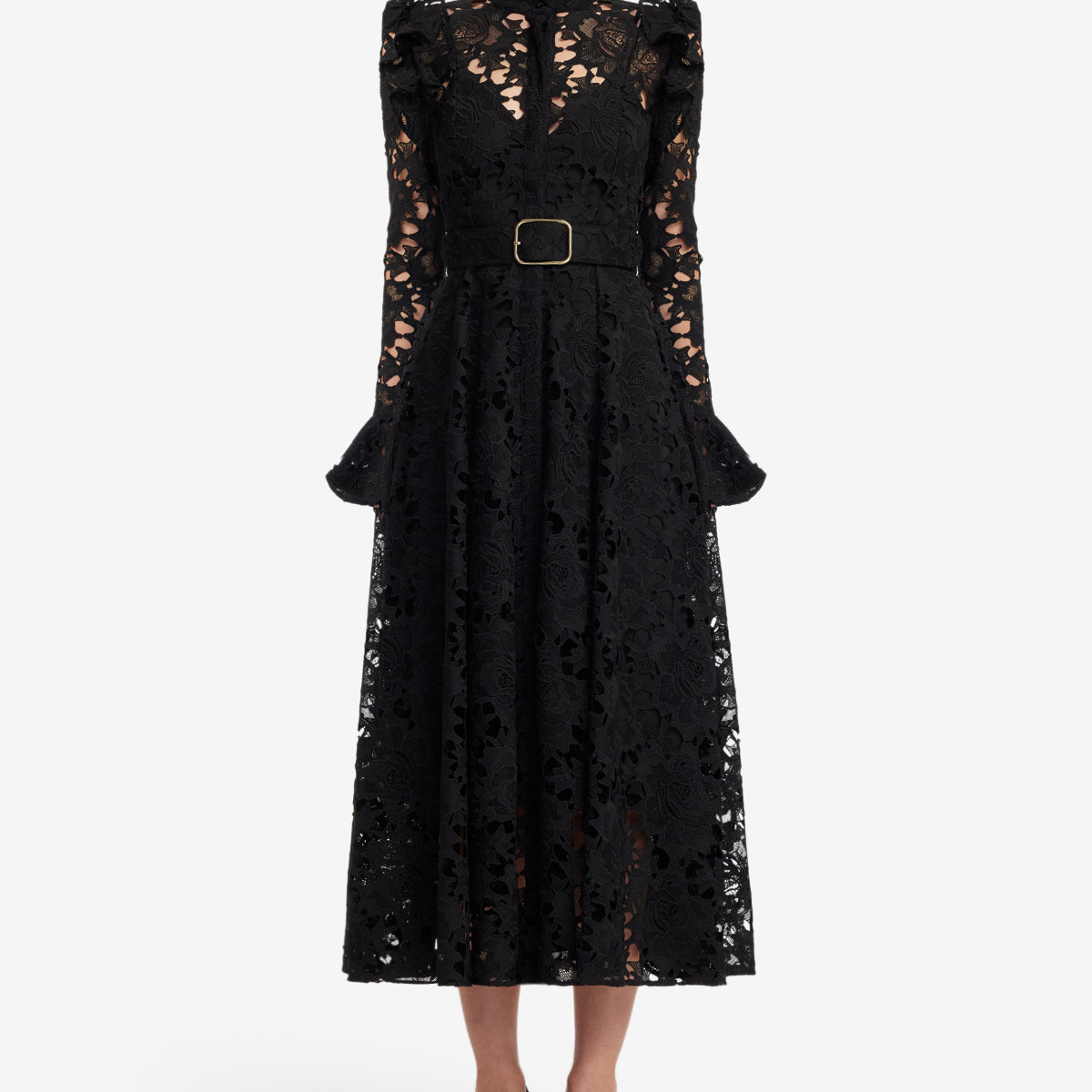 fitted lace wedding dress Aliyah Lace Butterfly Sleeve Midi Dress - Ebony
