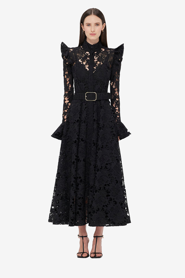 Exclusive LEO LIN Aliyah Lace Butterfly Sleeve Midi Dress - Ebony