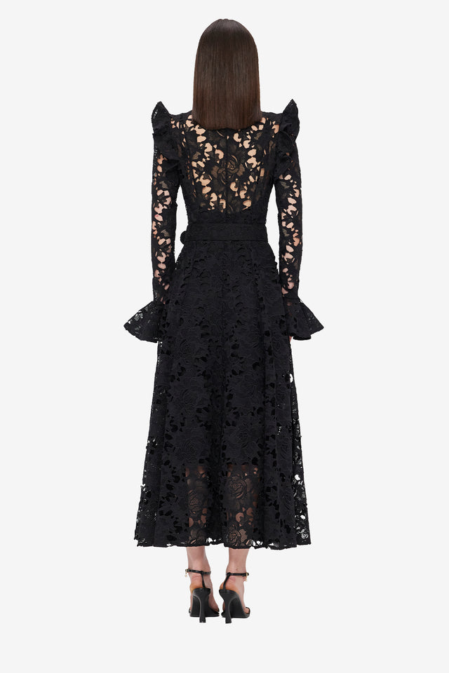Exclusive LEO LIN Aliyah Lace Butterfly Sleeve Midi Dress - Ebony