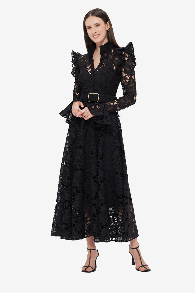 Exclusive LEO LIN Aliyah Lace Butterfly Sleeve Midi Dress - Ebony
