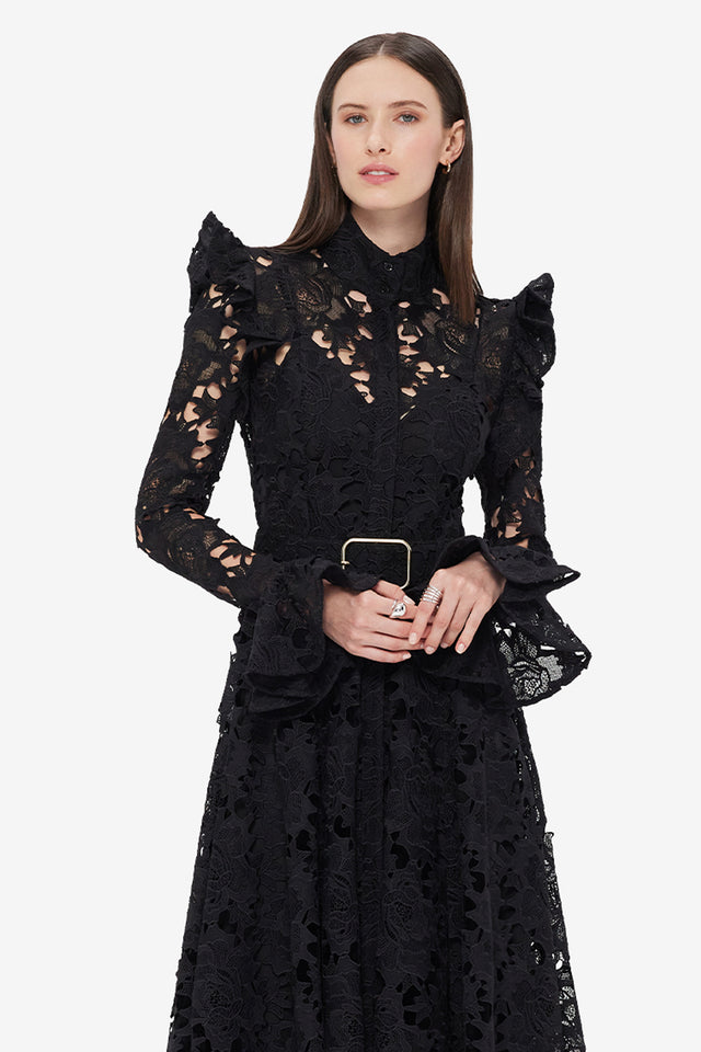 Exclusive LEO LIN Aliyah Lace Butterfly Sleeve Midi Dress - Ebony