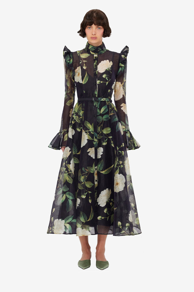 Katrina Butterfly Sleeve Midi Dress - White Rose Print