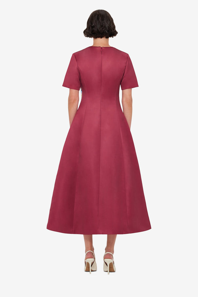 Caroline Short Sleeve Midi Dress - Lily Print in Burgundy