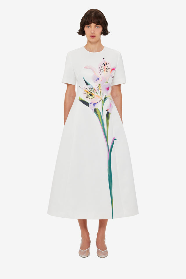 Caroline Short Sleeve Midi Dress - Lily Print in Snow