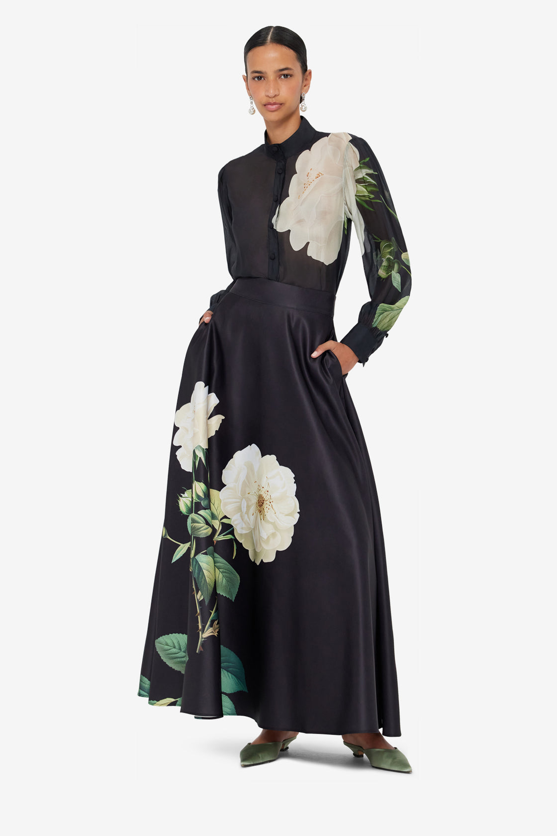 Rosalyn Maxi Skirt - White Rose Print