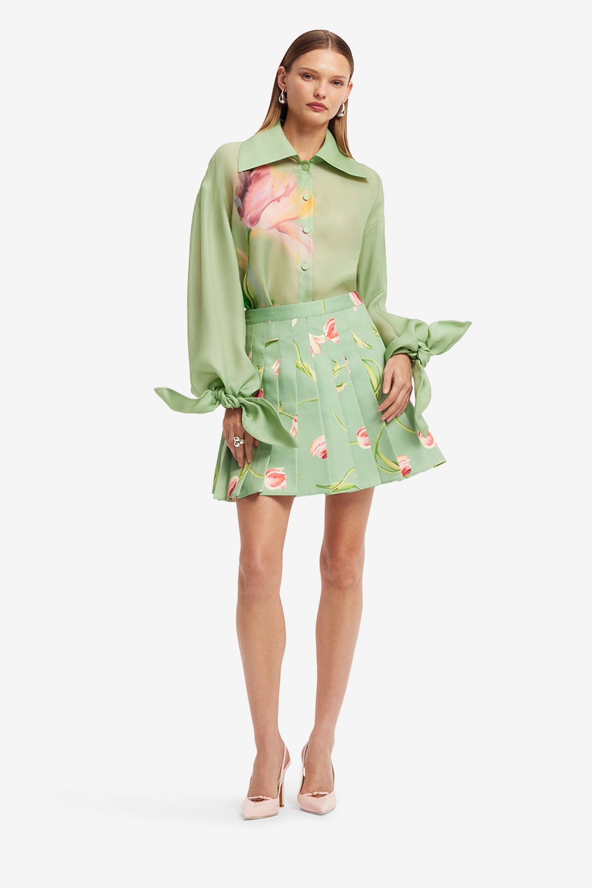 Christina Bow Blouse - Tulip Print in Green – LEO LIN