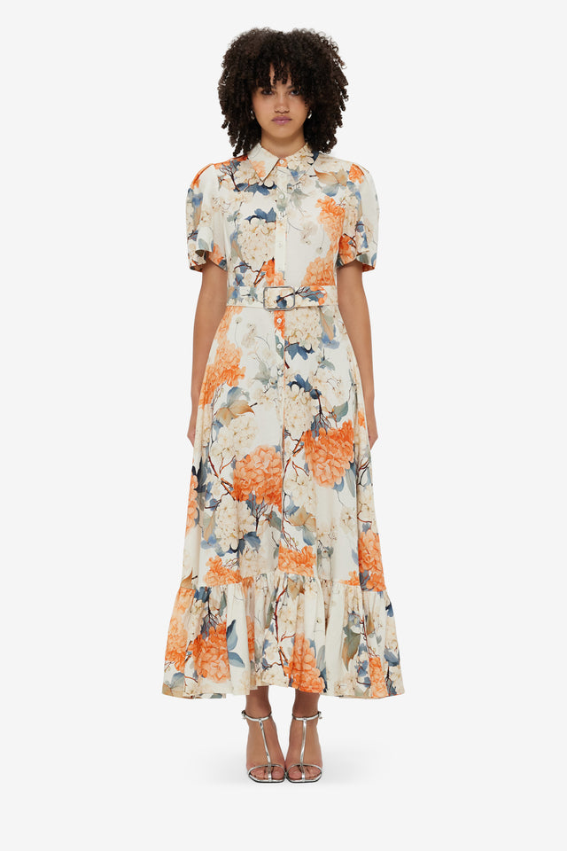 Exclusive Leo Lin Bianca Short Sleeve Midi Dress - Hydrangea Print in Vanilla
