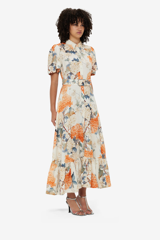 Exclusive Leo Lin Bianca Short Sleeve Midi Dress - Hydrangea Print in Vanilla