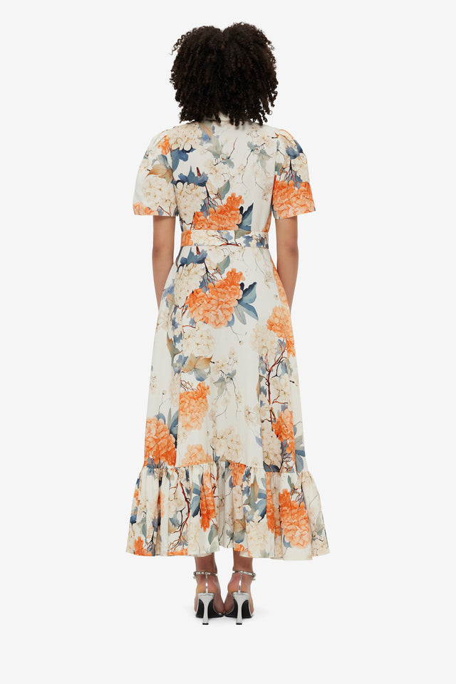 Exclusive Leo Lin Bianca Short Sleeve Midi Dress - Hydrangea Print in Vanilla