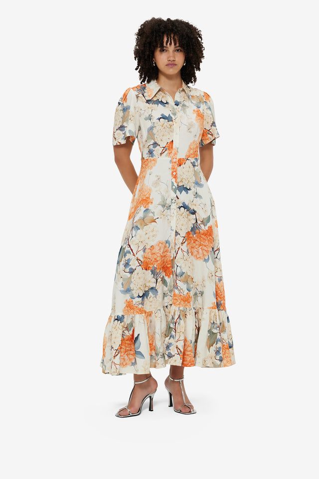 Exclusive Leo Lin Bianca Short Sleeve Midi Dress - Hydrangea Print in Vanilla