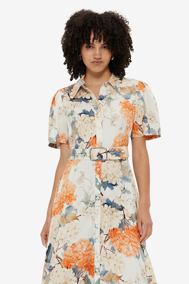 Exclusive Leo Lin Bianca Short Sleeve Midi Dress - Hydrangea Print in Vanilla