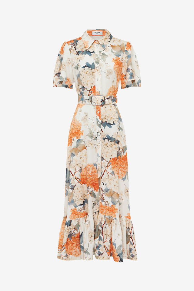Exclusive Leo Lin Bianca Short Sleeve Midi Dress - Hydrangea Print in Vanilla