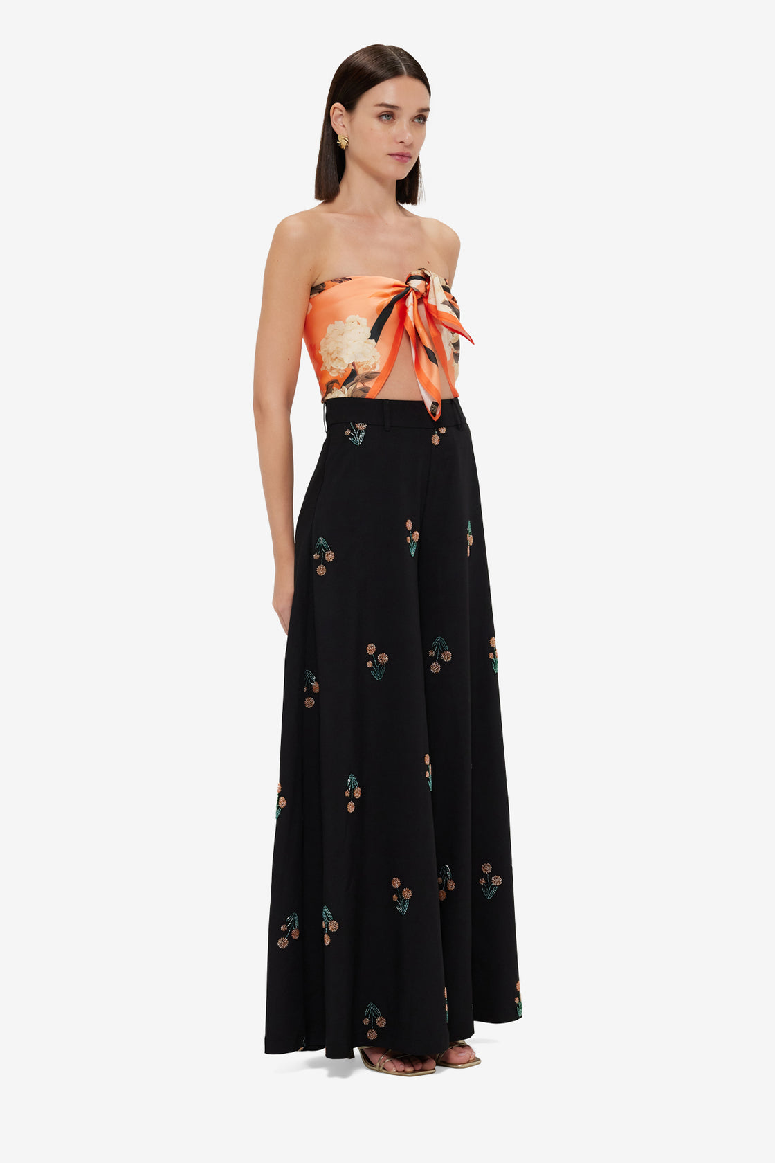 Exclusive Leo Lin Small Scarf - Hydrangea Print in Tangerine