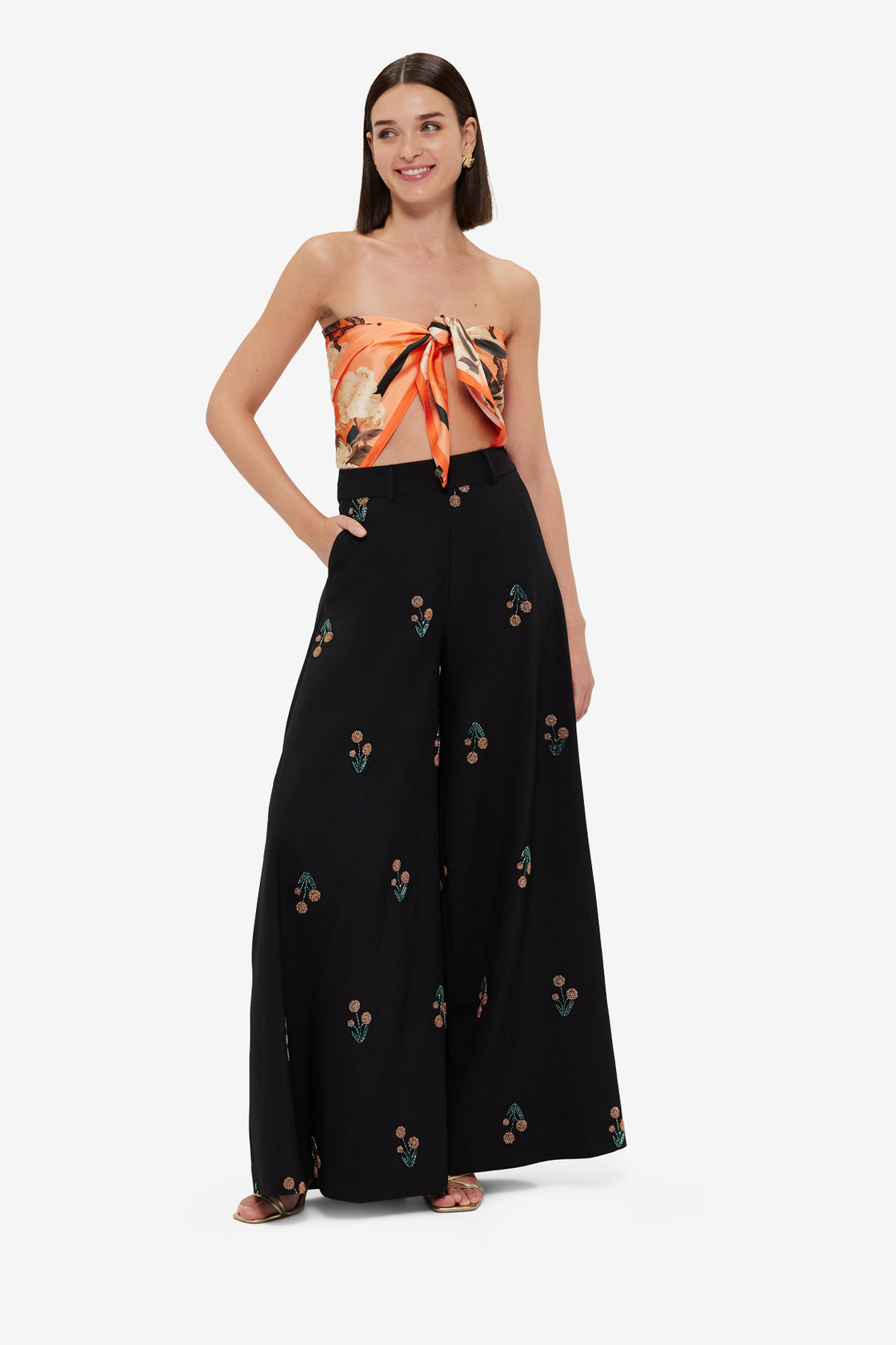 Exclusive Leo Lin Small Scarf - Hydrangea Print in Tangerine