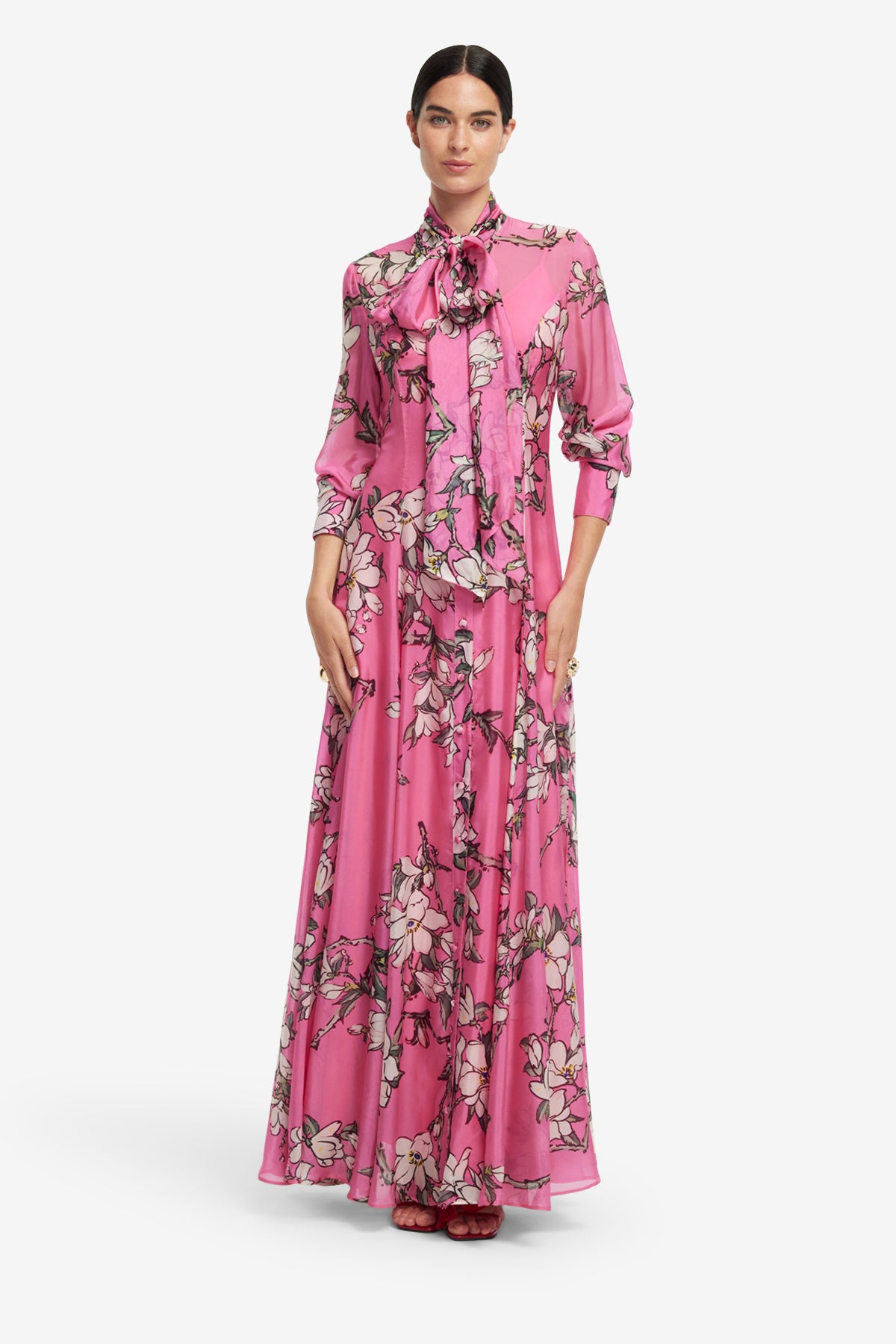 Lilith Tie Neck Maxi Dress - Pink Magnolia Print – LEO LIN