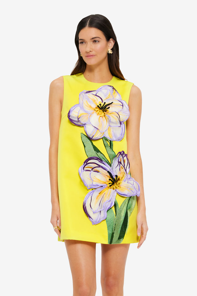 Exclusive Leo Lin Yvonne Appliqué Floral Mini Dress in Iris Print in Yellow