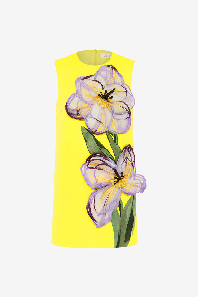 Exclusive Leo Lin Yvonne Appliqué Floral Mini Dress in Iris Print in Yellow