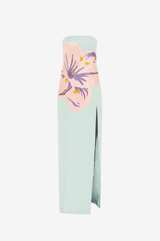 Exclusive Leo Lin Clémence Embroidered Split Maxi Dress in Hibiscus in Pistachio