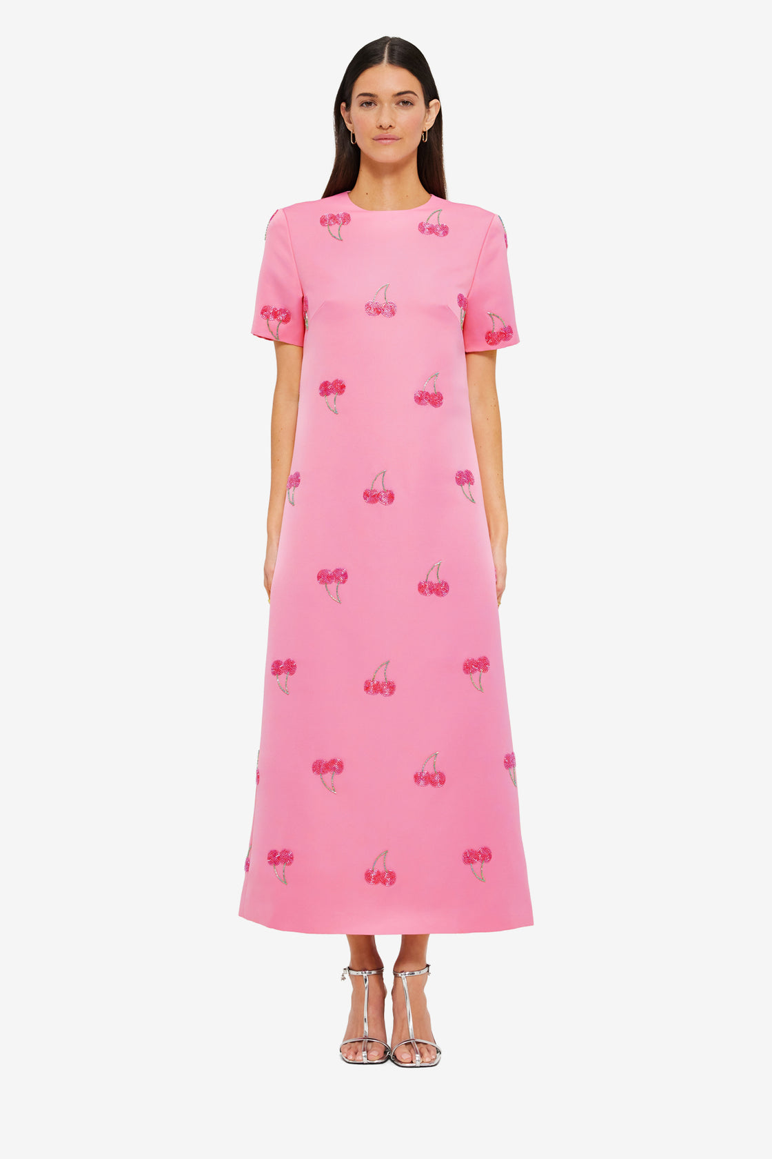 Exclusive Leo Lin Manon Embellished Shirt Midi Dress in Pink Cherry Beading
