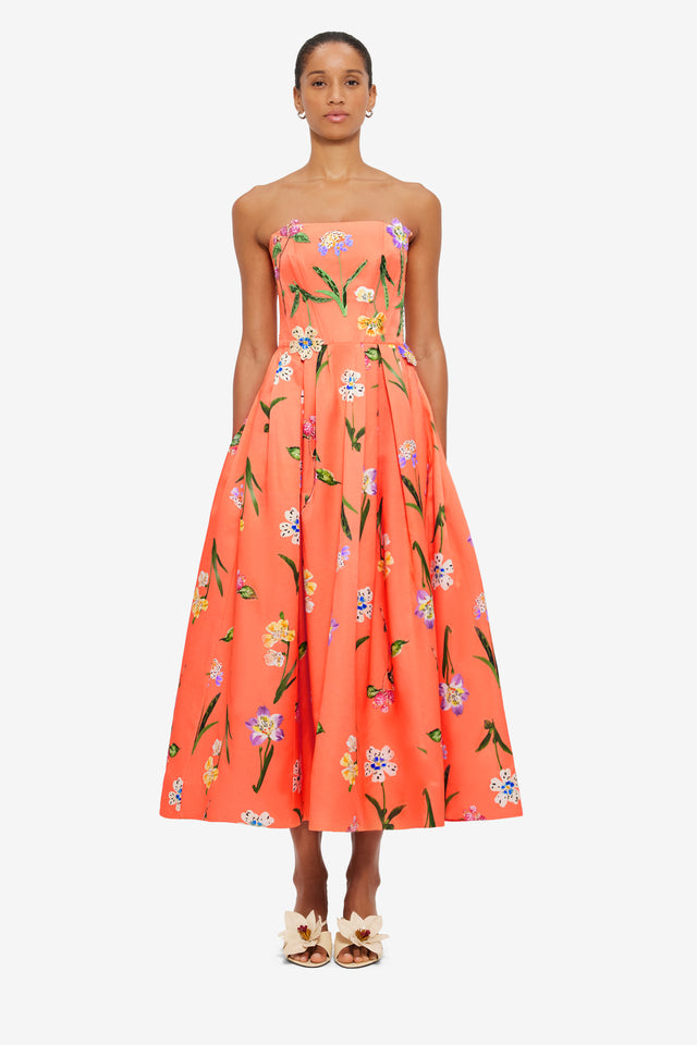 Exclusive Leo Lin Lynn Bustier Midi Dress in Wild Flower in Coral