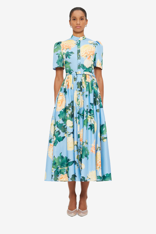 Exclusive Leo Lin Bianca Short Sleeve Midi Dress in Hydrangea in Cornflower Blue