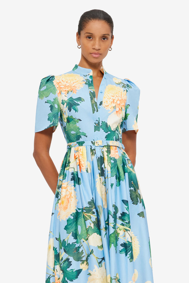 Exclusive Leo Lin Bianca Short Sleeve Midi Dress in Hydrangea in Cornflower Blue