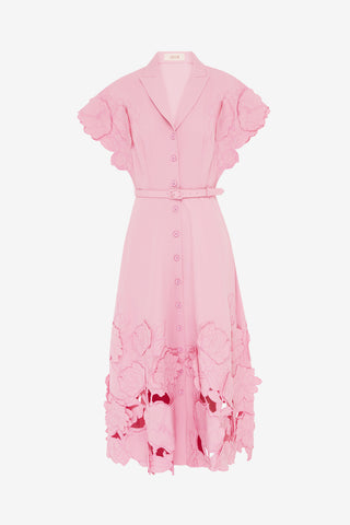 Exclusive Leo Lin Aubrey Appliqué Shirt Midi Dress in Flamingo