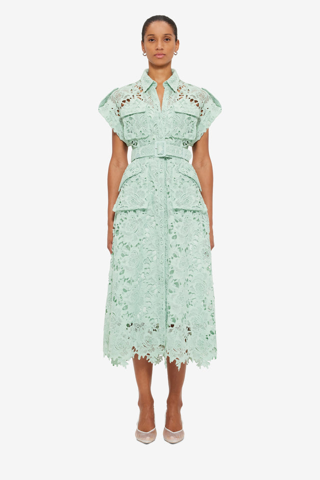 Exclusive Leo Lin Audrey Lace Pocket Shirt Midi Dress in Pistachio
