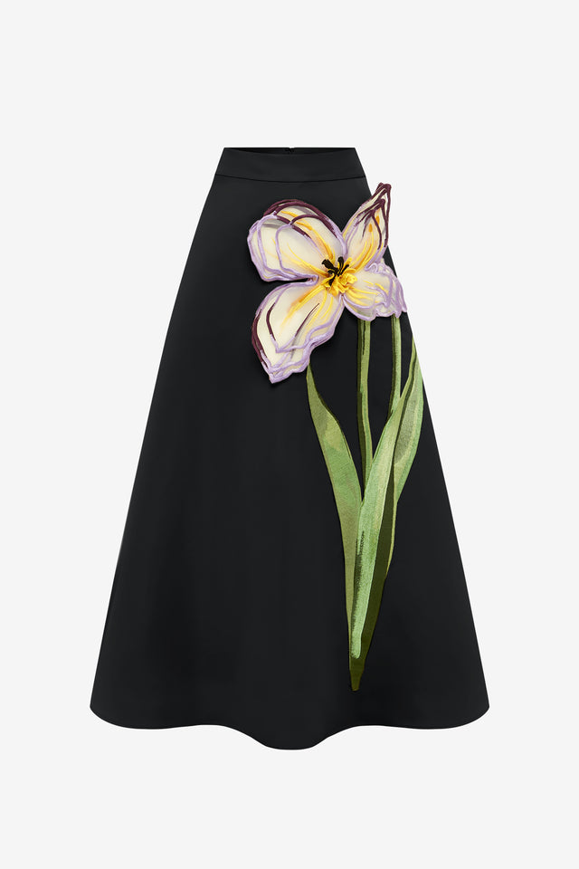 Exclusive Leo Lin Rafaela Appliqué Floral Maxi Skirt in Iris Print in Ebony