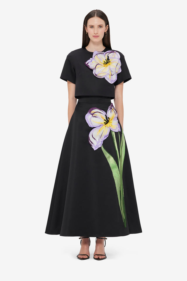 Exclusive Leo Lin Rafaela Appliqué Floral Maxi Skirt in Iris Print in Ebony