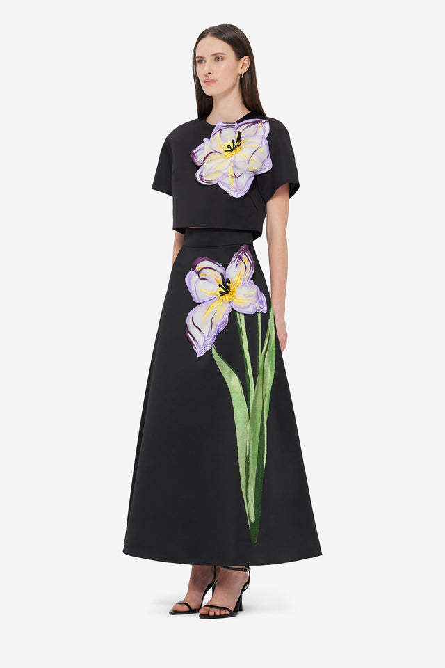 Exclusive Leo Lin Rafaela Appliqué Floral Maxi Skirt in Iris Print in Ebony