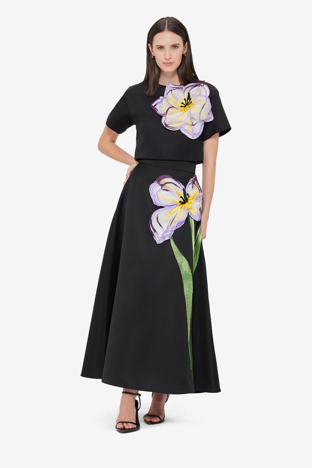 Exclusive Leo Lin Rafaela Appliqué Floral Maxi Skirt in Iris Print in Ebony