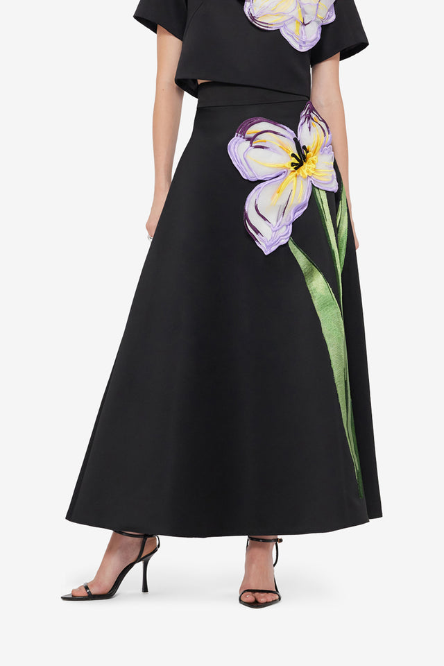Exclusive Leo Lin Rafaela Appliqué Floral Maxi Skirt in Iris Print in Ebony