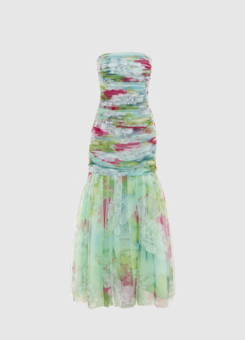 Natalie Ruched Midi Dress - Swallow Print in Tranquility