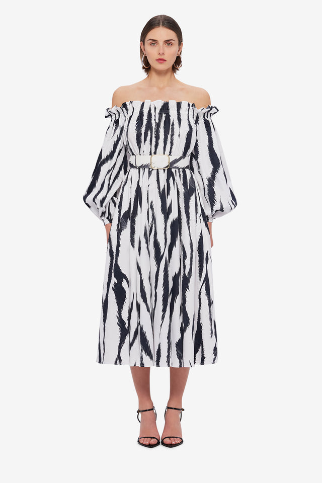 Exclusive LEO LIN Sarah Off-Shoulder Midi Dress - Tiger Print in White