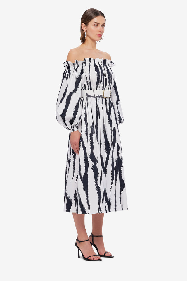 Exclusive LEO LIN Sarah Off-Shoulder Midi Dress - Tiger Print in White