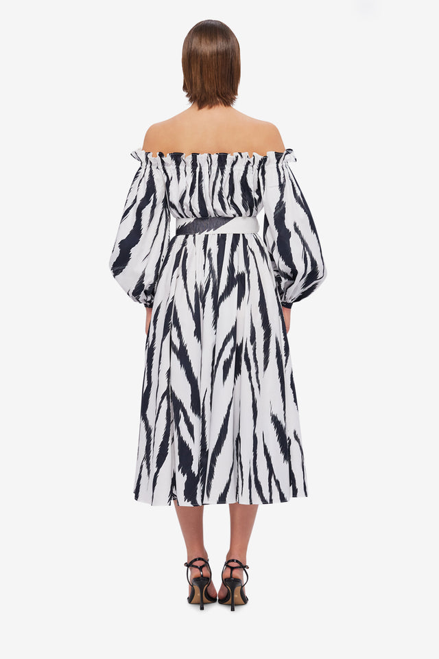 Exclusive LEO LIN Sarah Off-Shoulder Midi Dress - Tiger Print in White