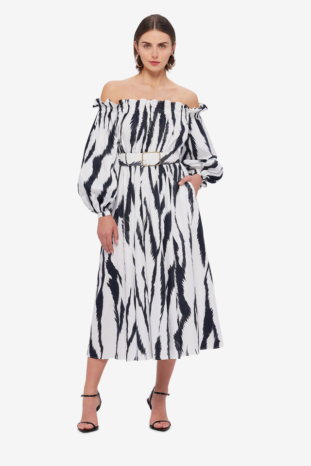 Exclusive LEO LIN Sarah Off-Shoulder Midi Dress - Tiger Print in White