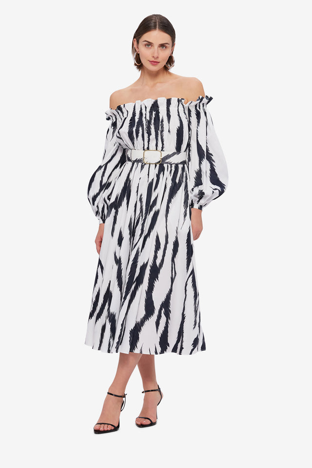 Exclusive LEO LIN Sarah Off-Shoulder Midi Dress - Tiger Print in White