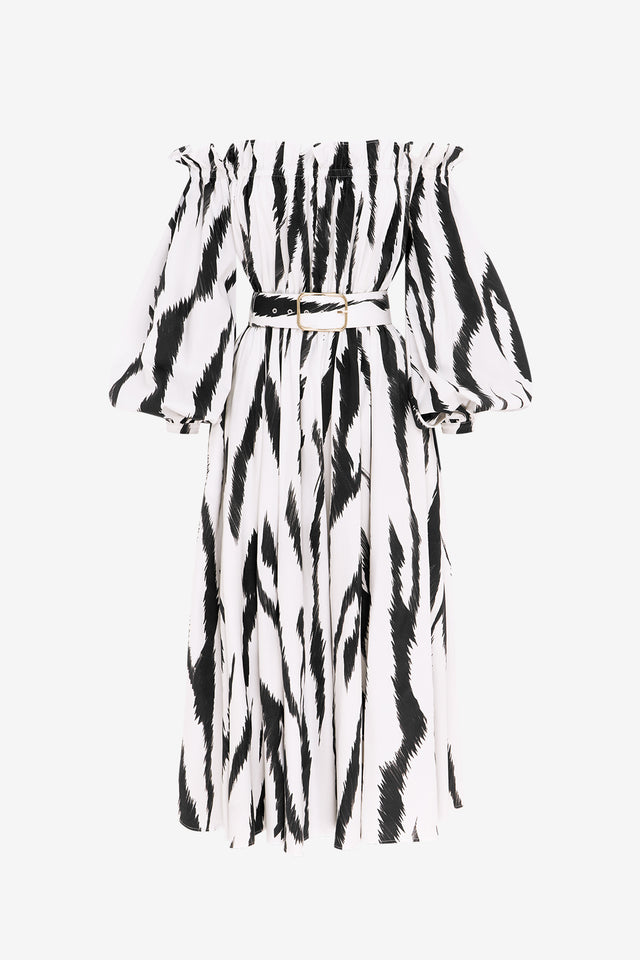 Exclusive LEO LIN Sarah Off-Shoulder Midi Dress - Tiger Print in White