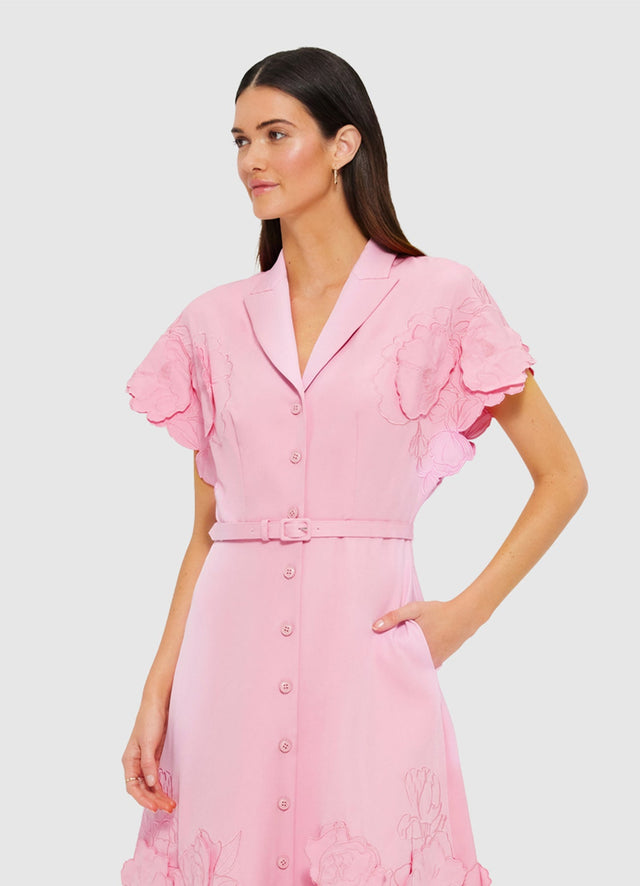 Exclusive Leo Lin Aubrey Appliqué Shirt Midi Dress in Flamingo