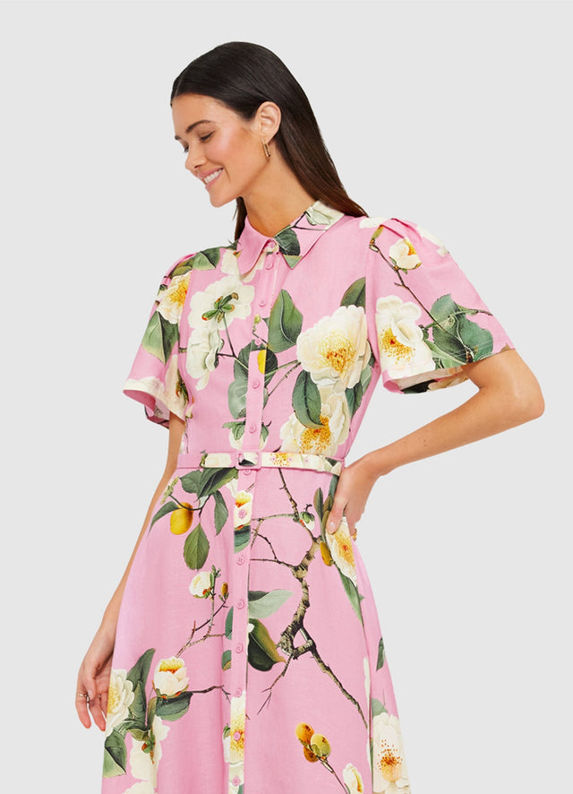 Exclusive Leo Lin Becca Short Sleeve Midi Dress in Camelia Print