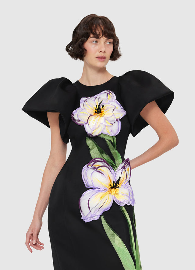 Exclusive Leo Lin Lucinda Appliqué Floral Maxi Dress - Iris Print in Ebony