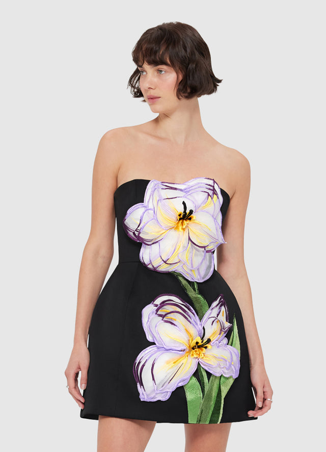 Exclusive Leo Lin Rosalie Appliqué Floral Bustier Mini Dress - Iris Print in Ebony