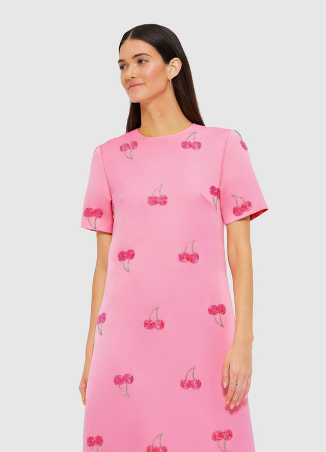 Exclusive Leo Lin Manon Embellished Shirt Midi Dress in Pink Cherry Beading